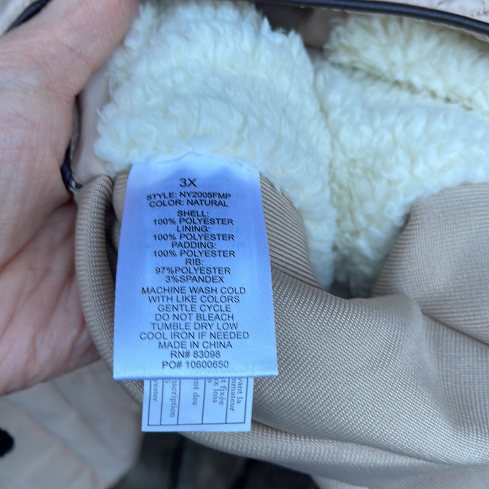 Cavalini 3X Quilted Coat Jacket Zip Up Nwt New Cream Tan Fleece Lined Plus Size - Picture 6 of 8